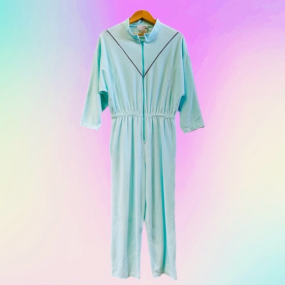Vintage Pants - Vintage 80s Velour Jumpsuit Pastel Robins Egg Blue Retro Romper Dolman Sleeve